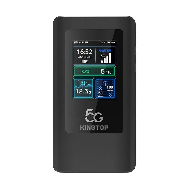 Black portable 5G Wi-Fi router with LCD screen, showing compact size next to a charging cable.
