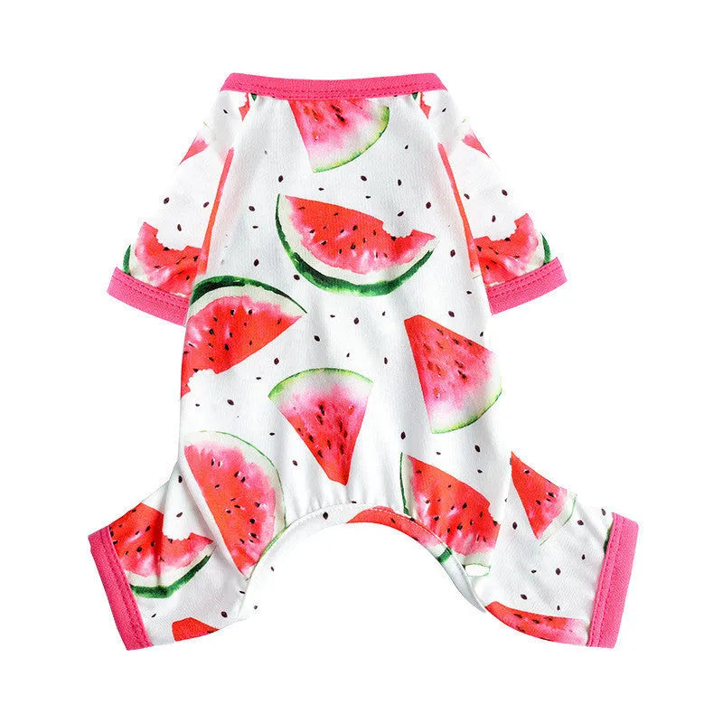 Four-legged dog jumpsuit in watermelon red print made from polyester, available in multiple sizes
