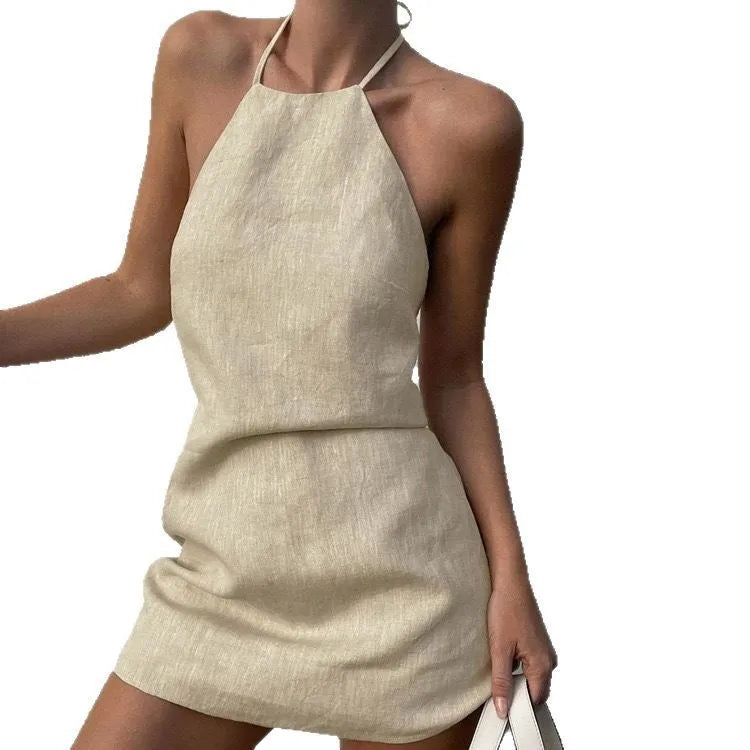 Women's solid colour A-line dress in cotton linen fabric for summer wear