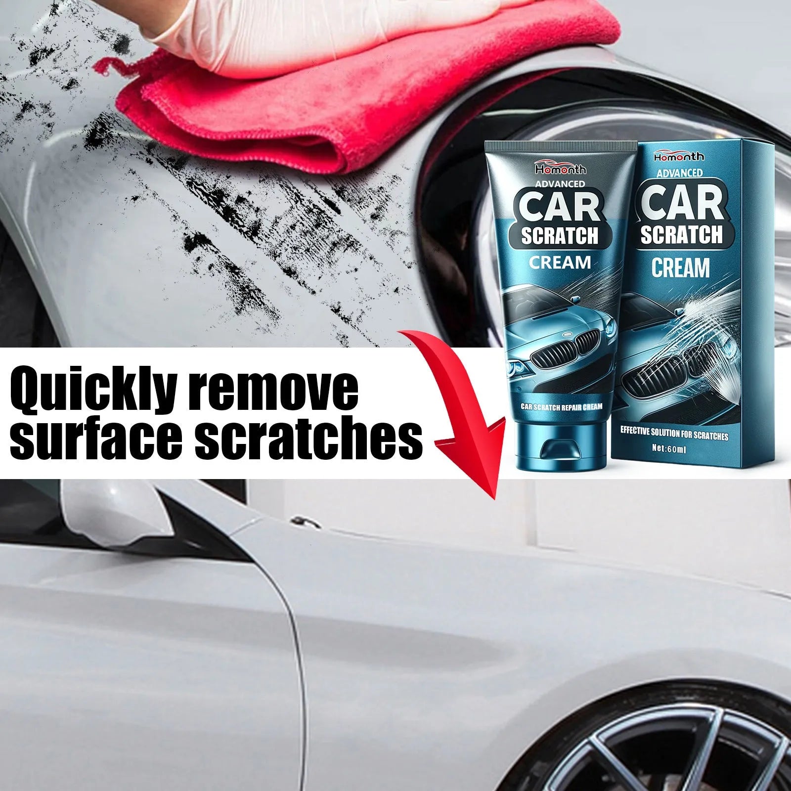 Car scratch repair cream kit showing 60ml tube and application sponge for minor paint damage restoration