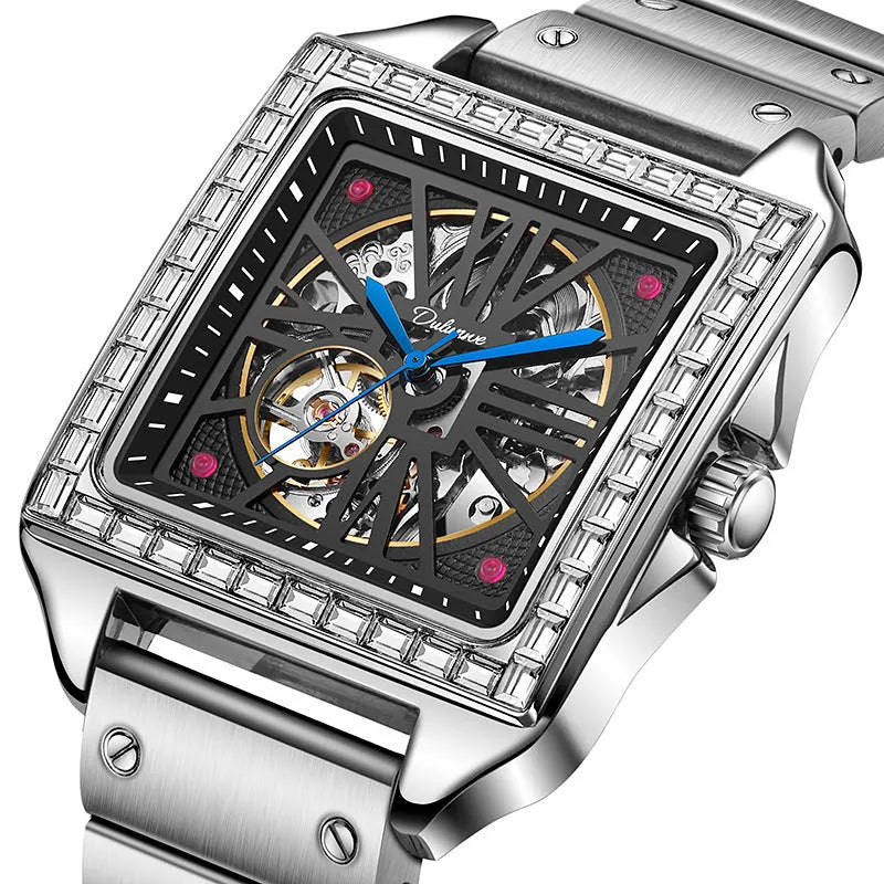 Men's square-faced automatic watch with diamond studs on a stainless steel bracelet.