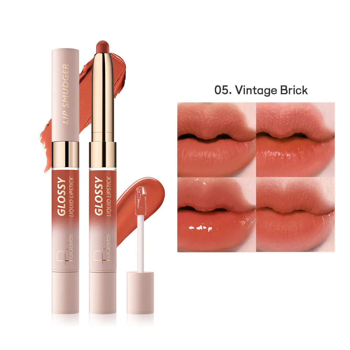 Double-headed lipstick and lip gloss product showing matte and glossy ends in one of ten available colours.