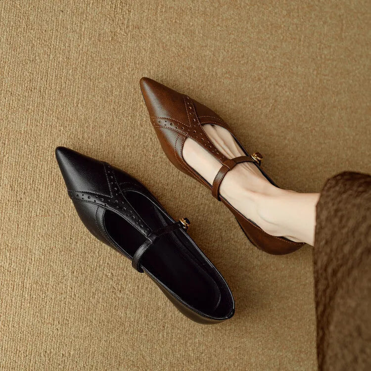 Women's brown pointed toe flat shoes with cowhide leather uppers and 3-5cm mid heel