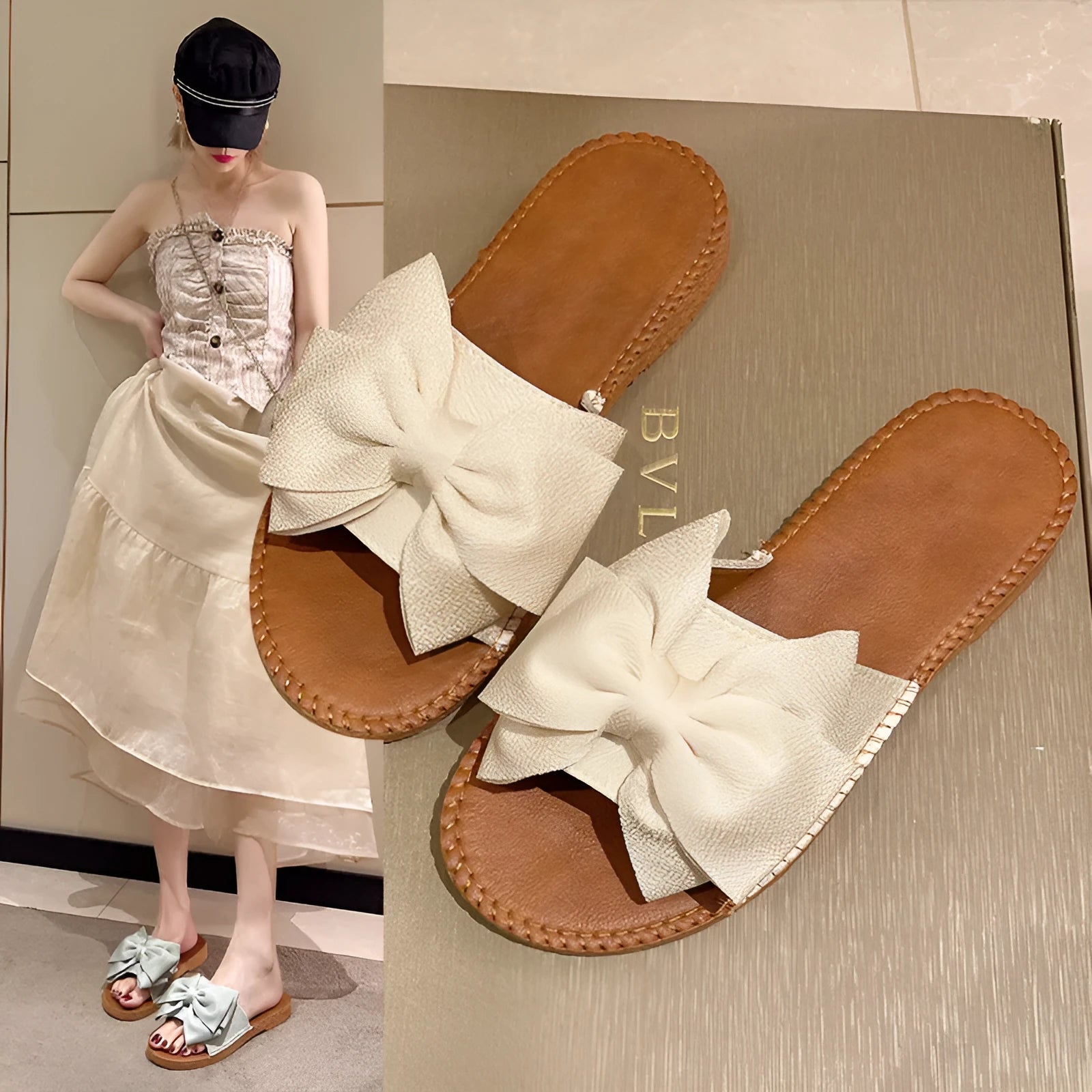 Women's beige slip-on cloth sandals with a bow on the upper and a soft flat rubber sole.