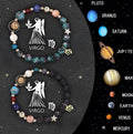 Two natural stone beaded bracelets with engraved zodiac sign charms on a flat surface.