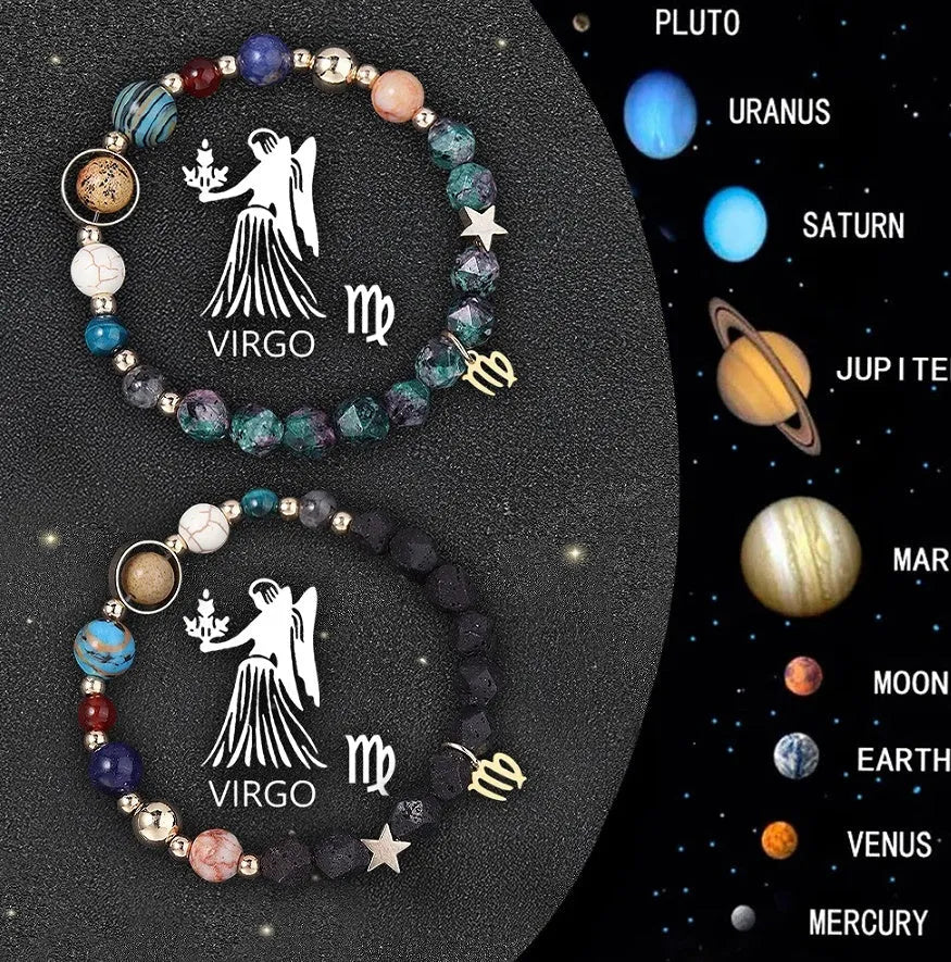 Two natural stone beaded bracelets with engraved zodiac sign charms on a flat surface.
