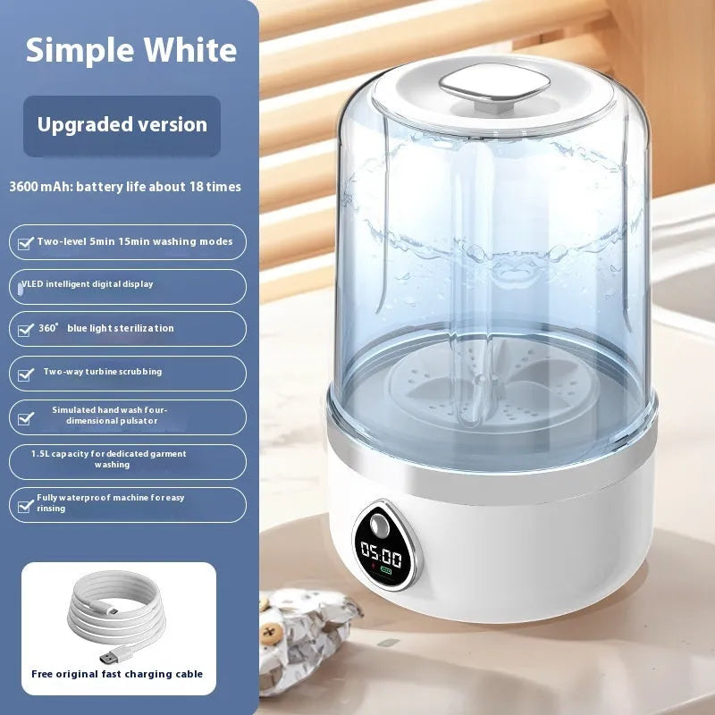 White portable USB-powered mini washing machine on a countertop.