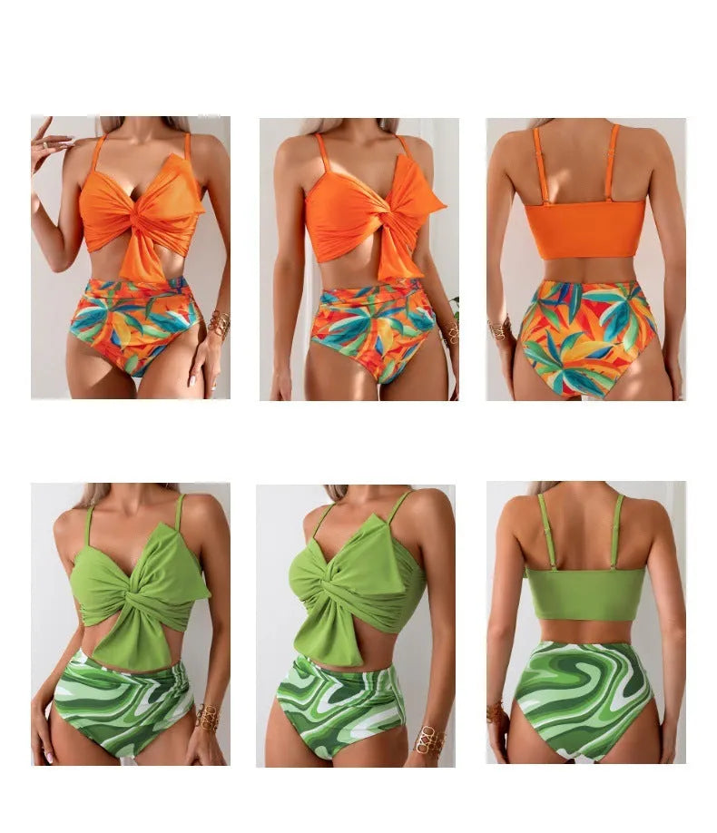 Women's big bow print bikini swim trunks set in bright colours on a mannequin.