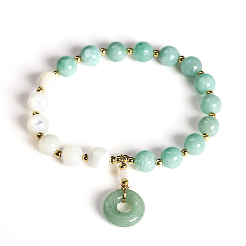 Blue Burma jade bracelet with copper horseshoe screw safety buckle and geometric design