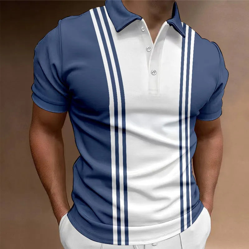 Loose fit casual men's t-shirt with 3-button printing lapel and short sleeves in polyester fabric