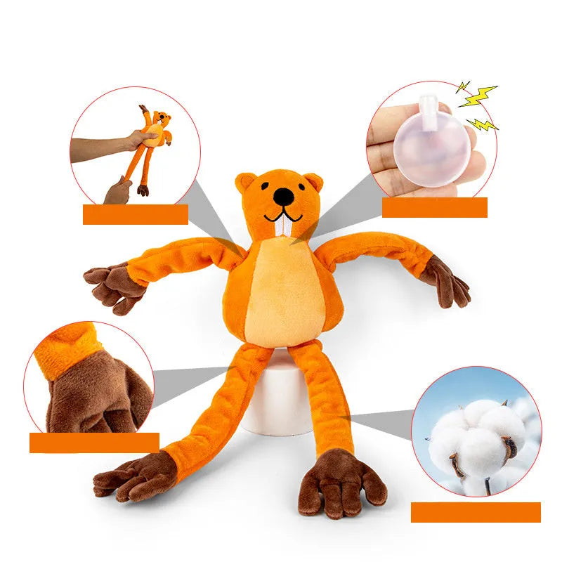Orange plush dog toy for interactive tug-of-war, chewing and noise-making play