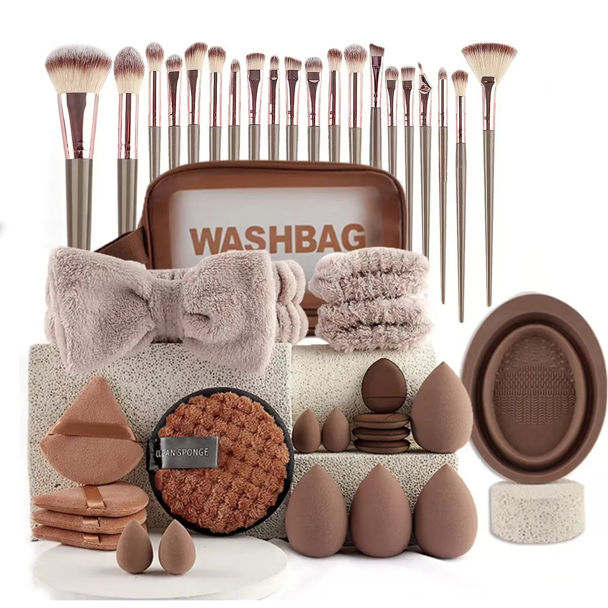 Beauty tool combination set with multiple pieces in brown, pink, and purple colours for face wash and makeup application