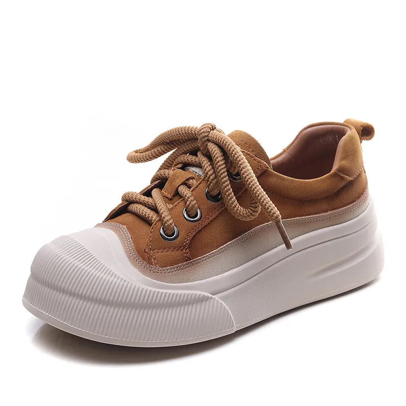Women's yellow and brown cow leather lace-up casual shoes with round toe and rubber sole