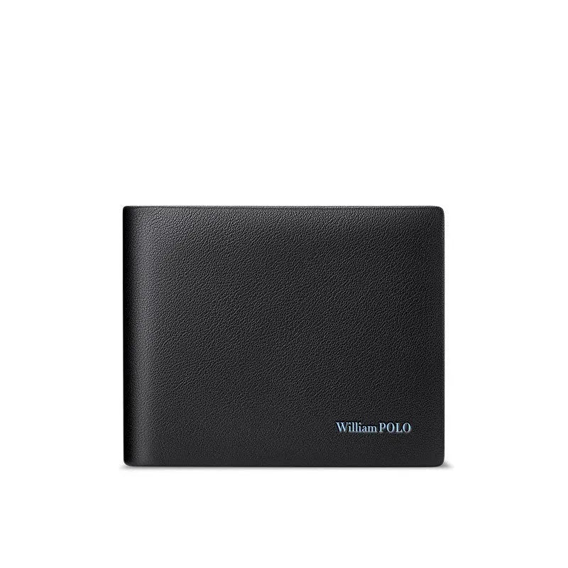 Men's slim leather wallet showing anti-theft card slot and letter pattern detail