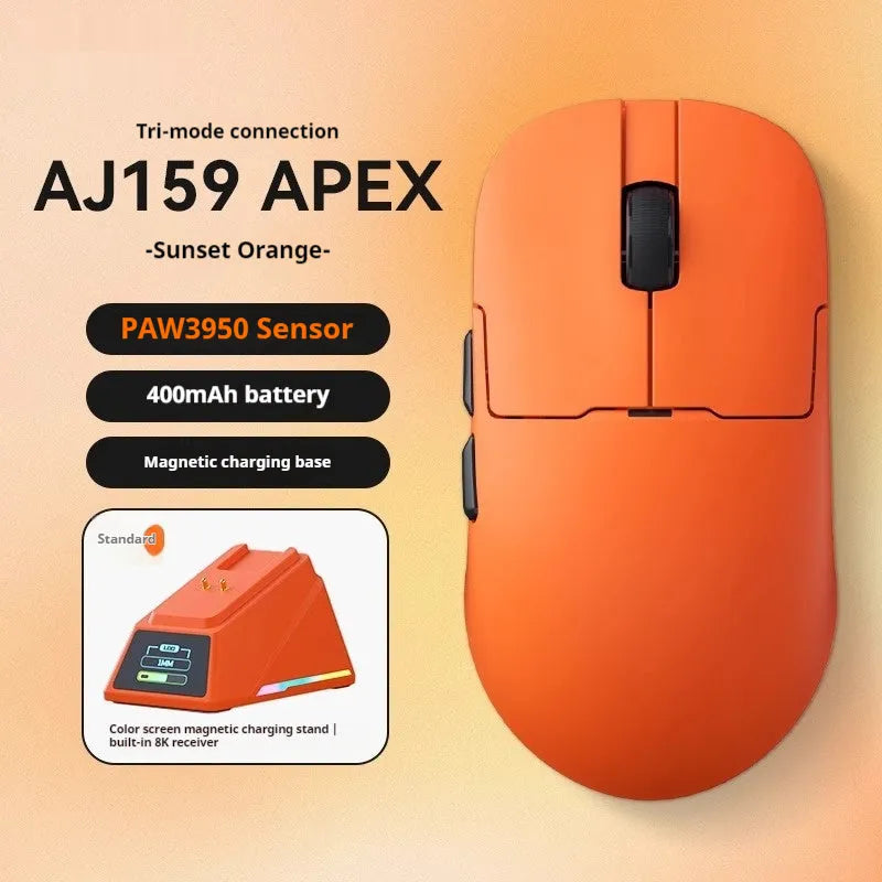 AJ159 tri-mode gaming mouse in various colours showing compact design with PAW3395 sensor