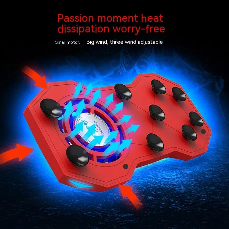 Red portable mobile phone cooling fan heat sink with USB cable on blue background