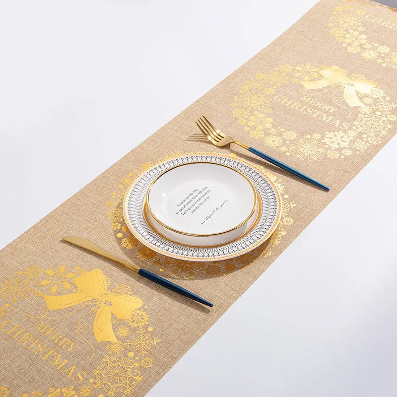 Christmas table runner with elk and snowman pattern on cotton linen fabric