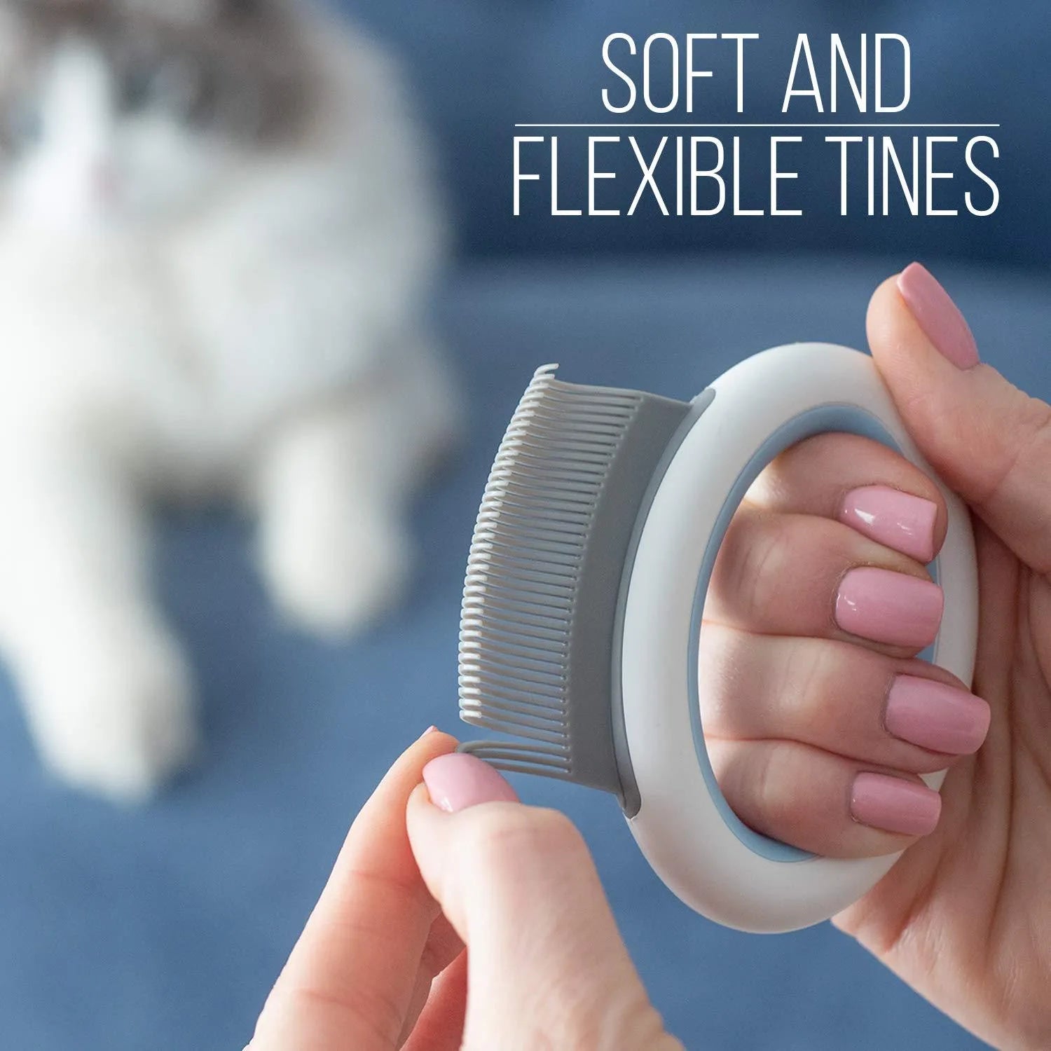 Blue plastic pet grooming comb with soft teeth for cats and dogs