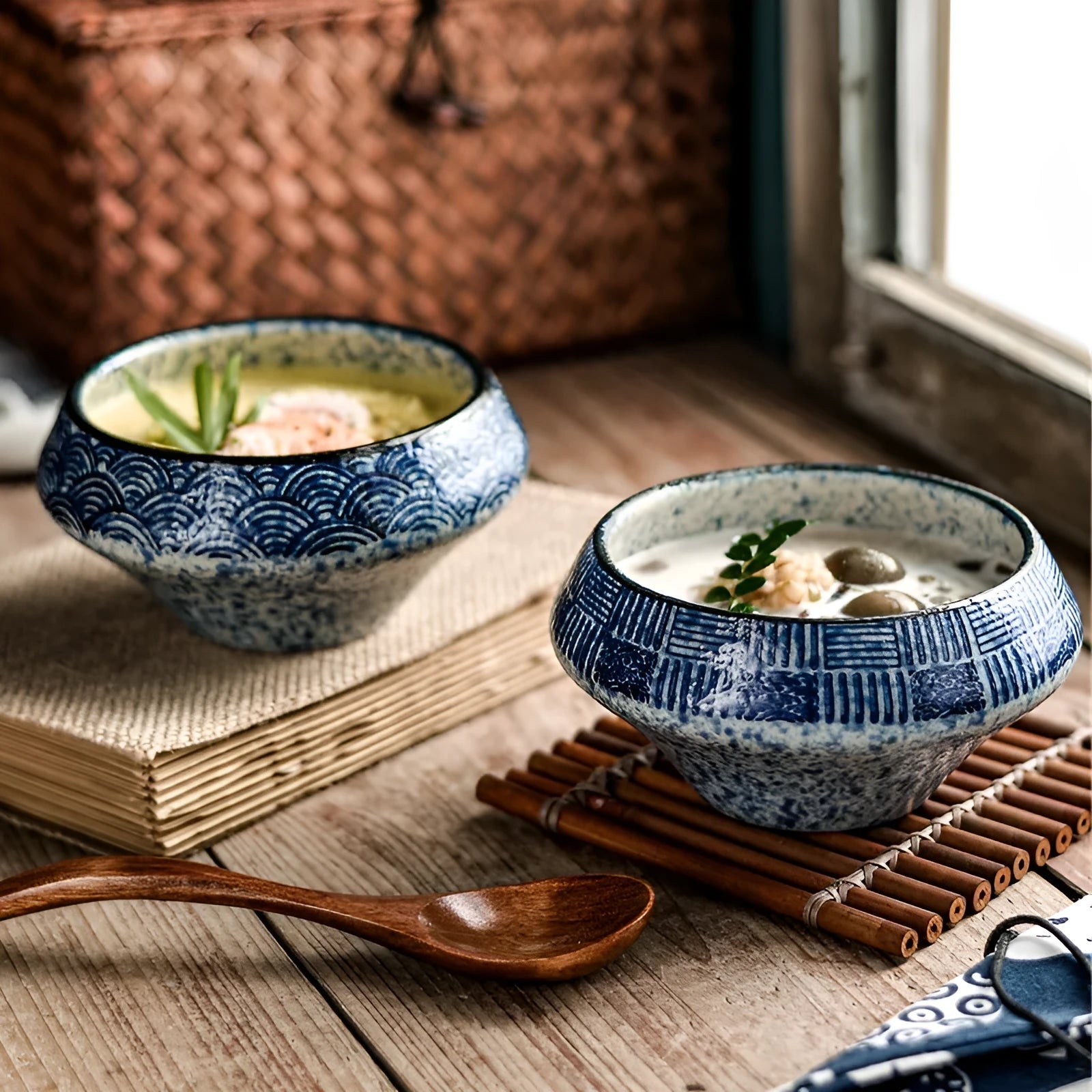 Tall porcelain ceramic Japanese soup bowl with underglaze vintage pattern on wooden table.