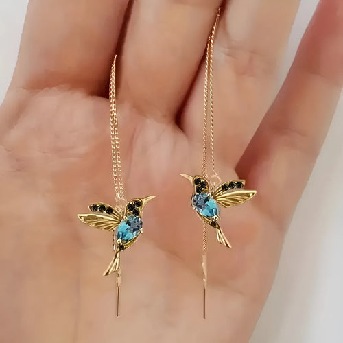 Bird hanging earrings for women in long style with mixed zirconium wings on electroplated alloy.