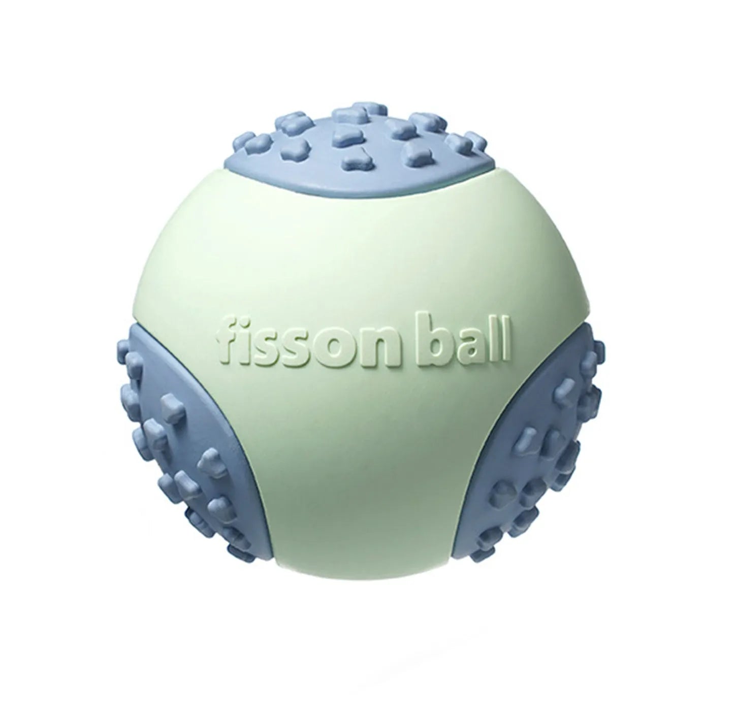 Green and pink durable rolling ball dog toy with a 64mm diameter on a plain background.