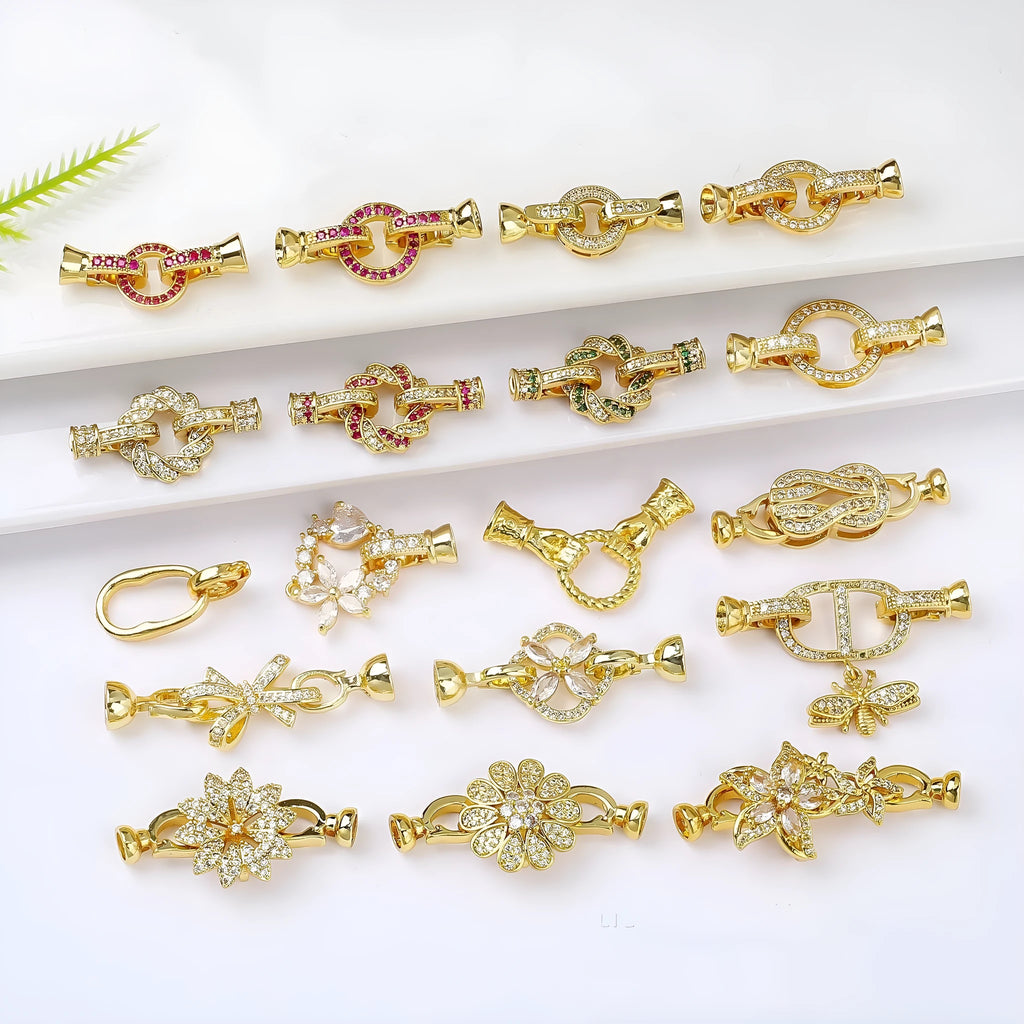 Small gold-plated brass jewellery clasp with white pearl detail for DIY necklace projects
