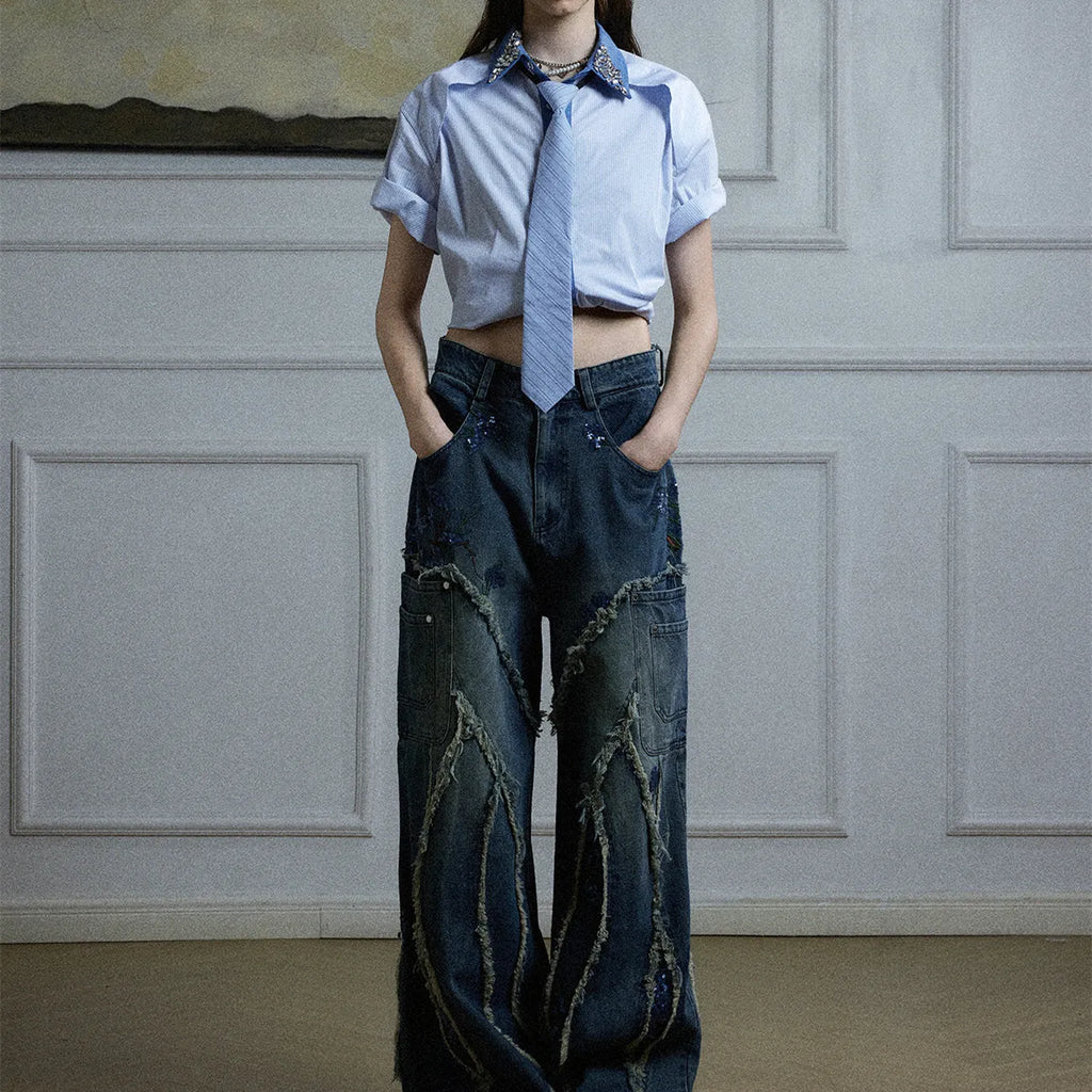 Men's blue and white patchwork striped shirt with diamond tie detail and quilted construction