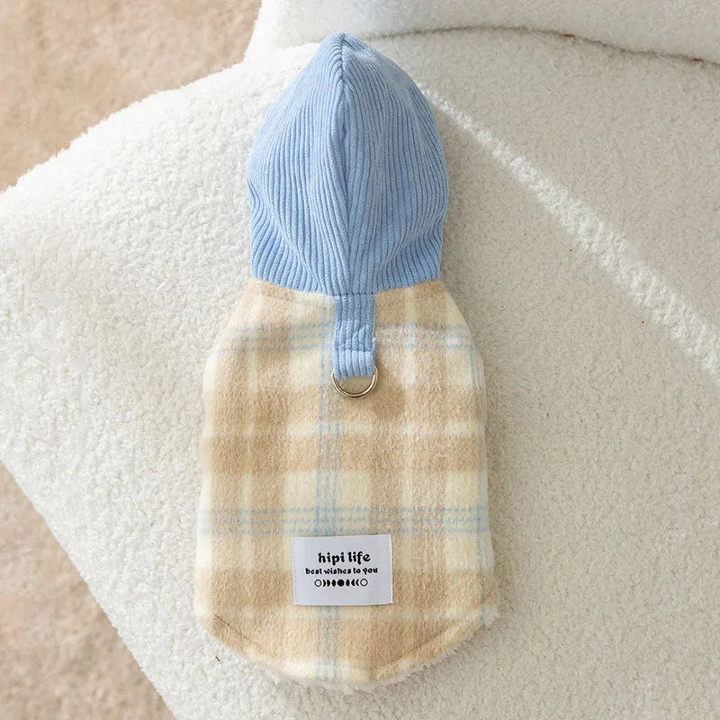 Blue corduroy dog hoodie with black and white chessboard grid pattern and a hood.