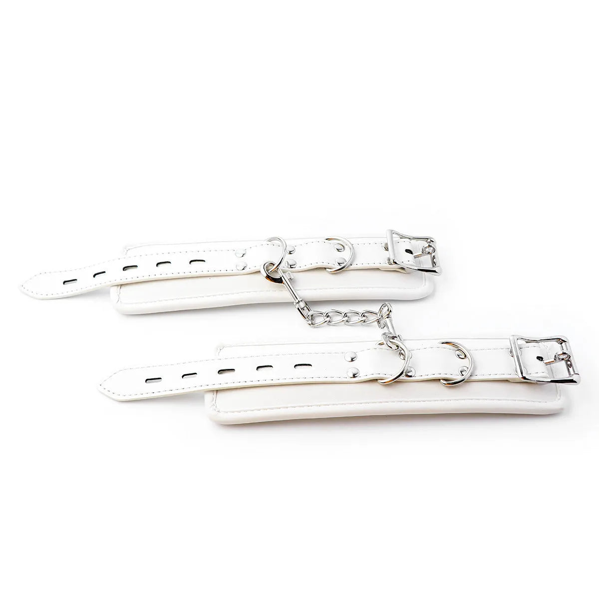 White PU sponge bondage set showing handcuffs, foot cuffs, and a neck cuff arranged together.