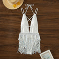 White women's one-piece swimsuit with deep V-neck and tassel details