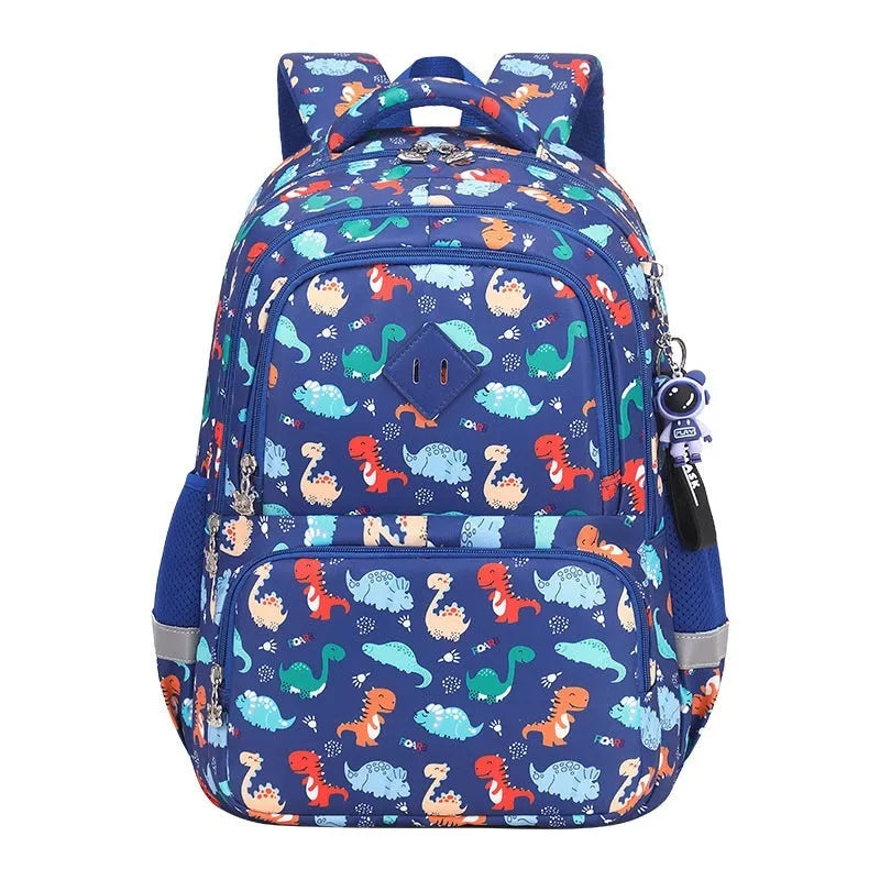 Children's waterproof school backpack in multiple colours including dinosaur and rainbow patterns