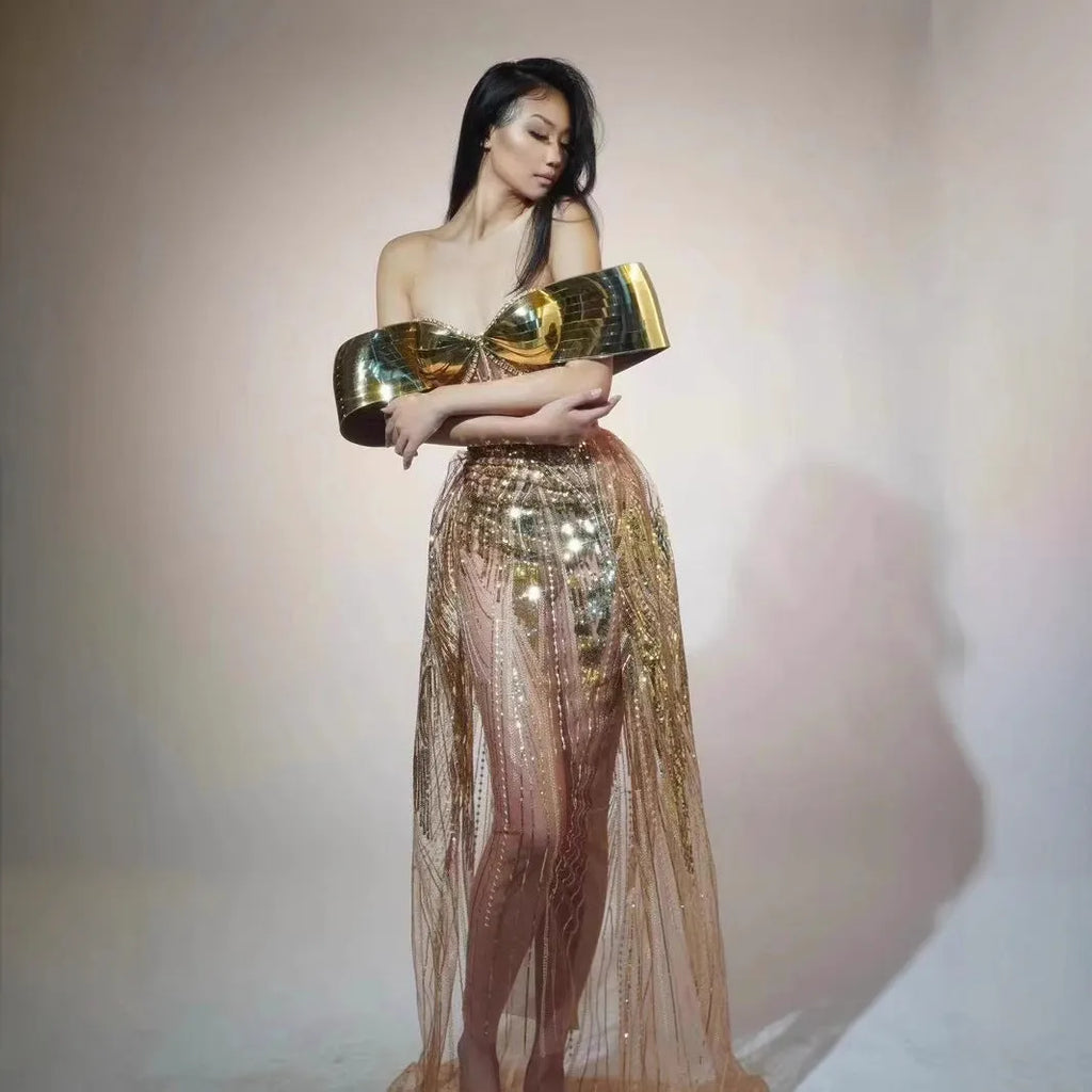 Gold strapless sequined women's formal dress with side split in long skirt