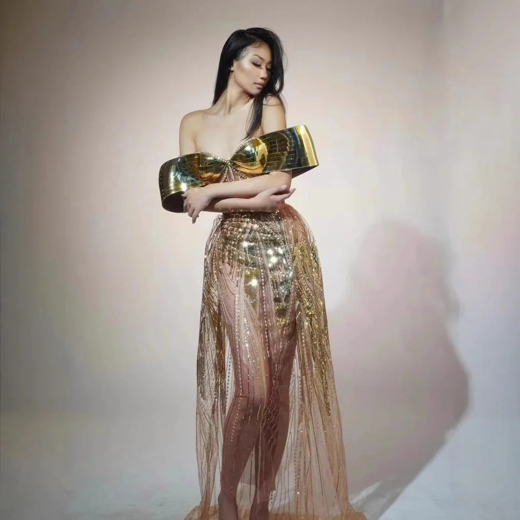 Gold strapless sequined women's formal dress with side split in long skirt