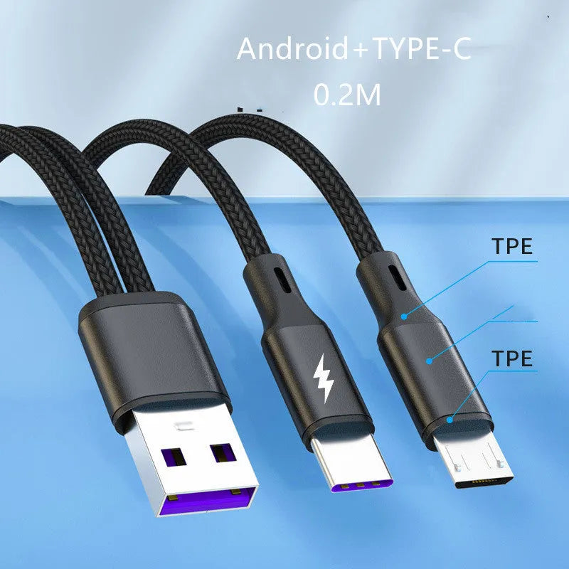 Black and red braided fast charging cable with two Android connectors for simultaneous device charging.