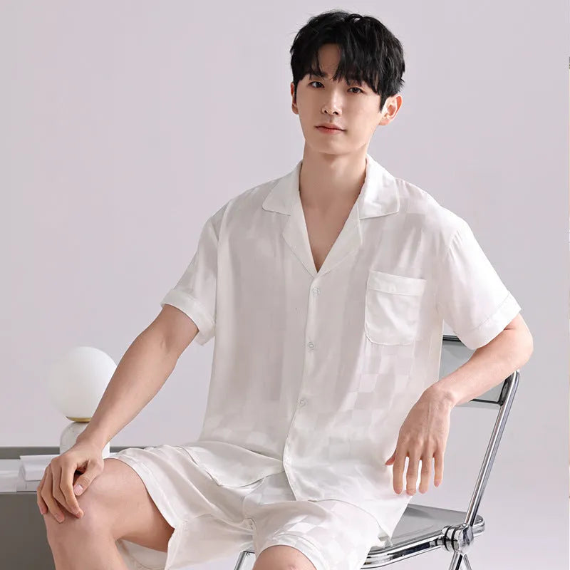 Men's artificial silk cardigan pajama set in satin jacquard plaid pattern with shorts