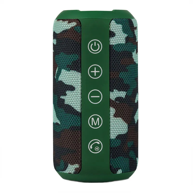 Outdoor portable Bluetooth speaker in camouflage colour with buttons for volume, playback, and mode selection.