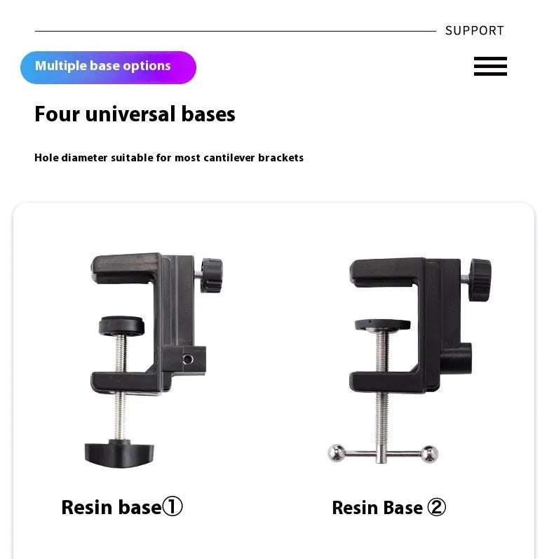 Black desktop tablet cantilever bracket with foldable metal construction and tablet clip