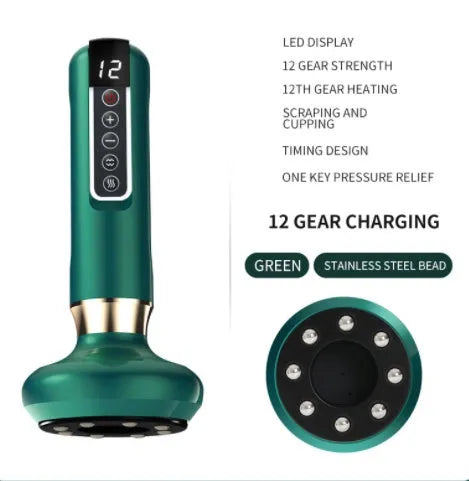 Green electric vacuum cupping massager with suction cup and charging cable