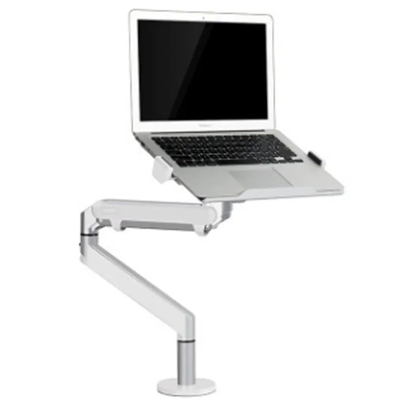 Silver aluminium laptop stand with an adjustable air-pressure arm holding a notebook