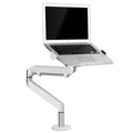 Silver aluminium laptop stand with an adjustable air-pressure arm holding a notebook