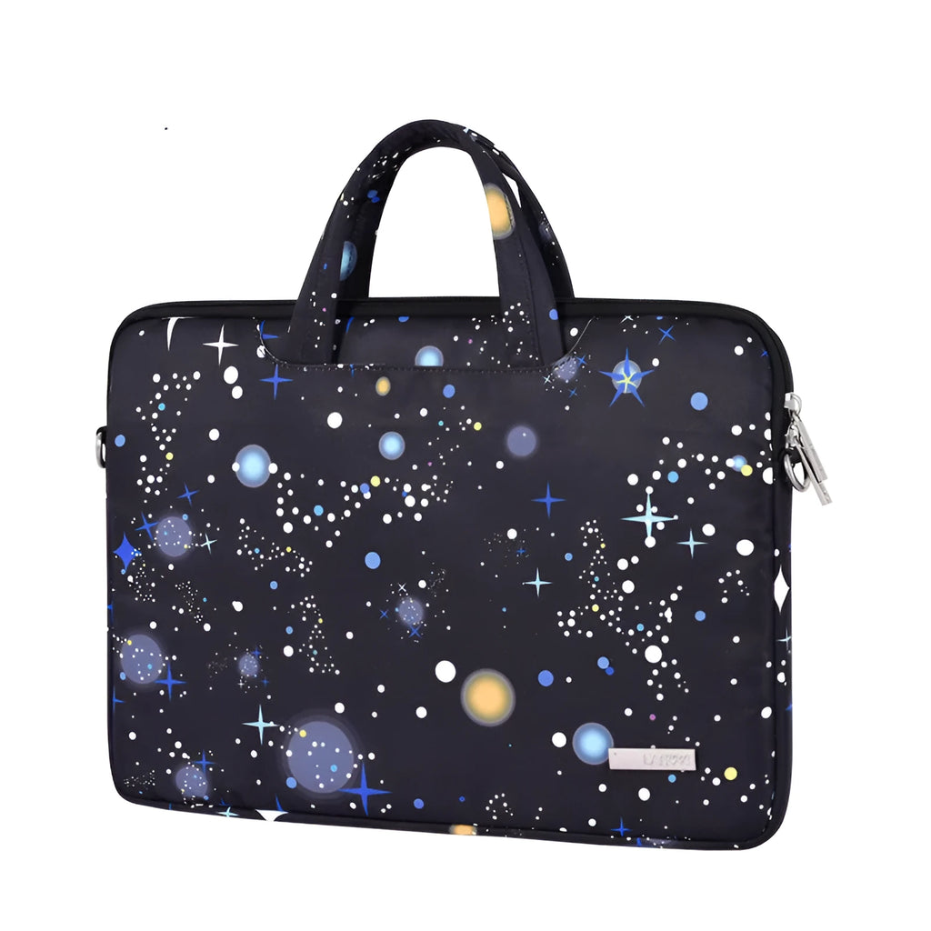 Black waterproof polyester laptop liner bag with 13 inch laptop inside, showing 352mm length and slim profile