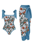 Women's printed floral chiffon swimsuit two-piece set with matching hip skirt