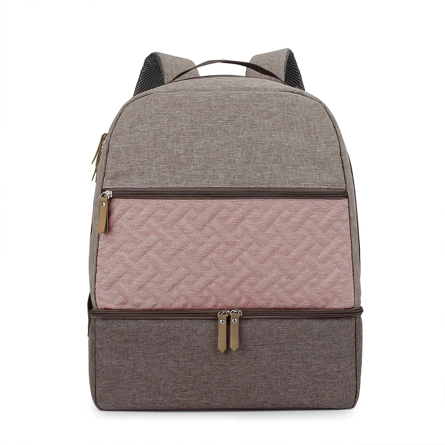 Grey insulated baby carrier backpack with curved shoulder straps and multiple compartments for mother and child travel