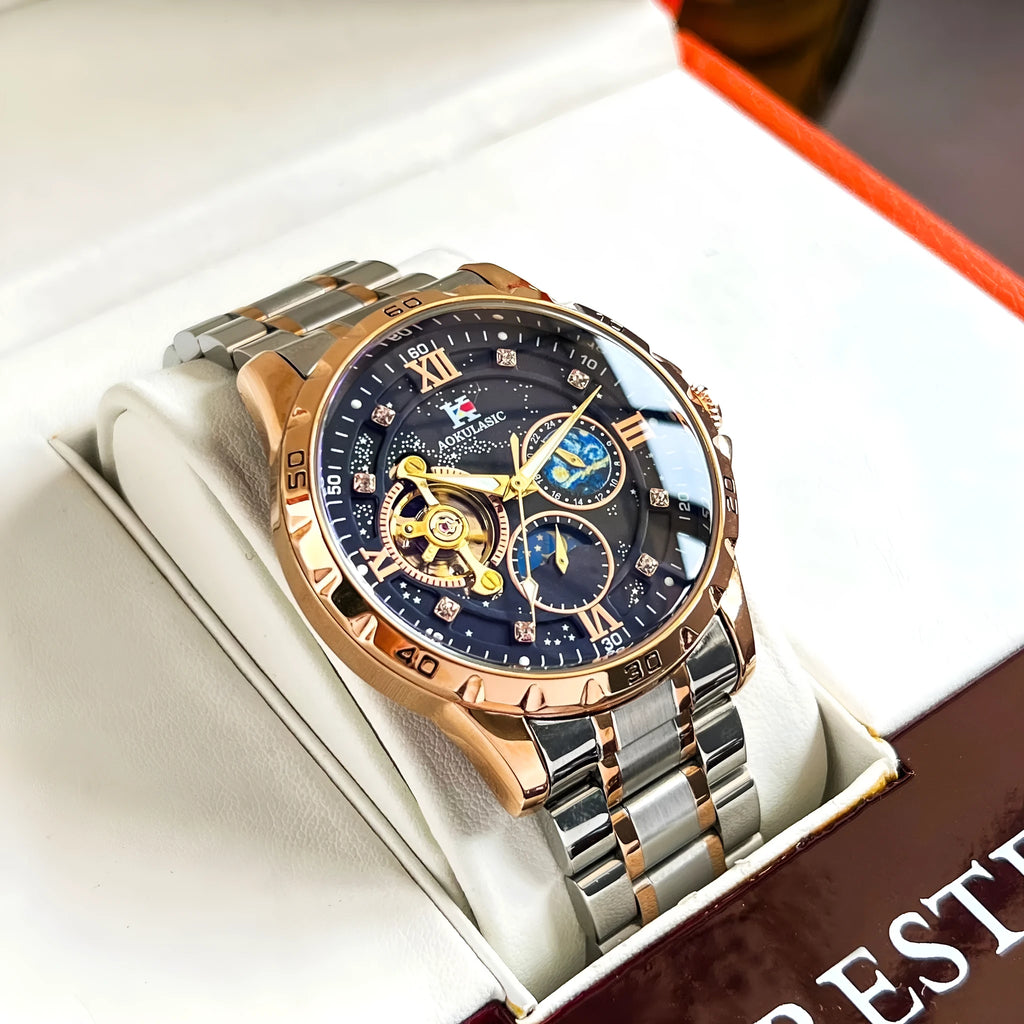 Men's automatic mechanical watch with rose gold case, black dial, and large display.