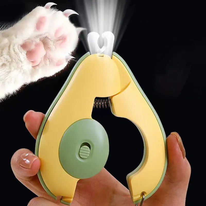 Professional LED pet nail clipper for small dogs and cats in green, pink, or white with safety guard.