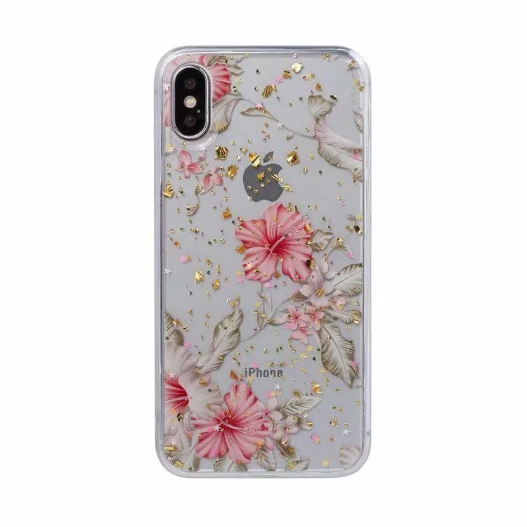 Gold foil epoxy flower pattern iPhone back cover case for iPhone 11 Pro on a table