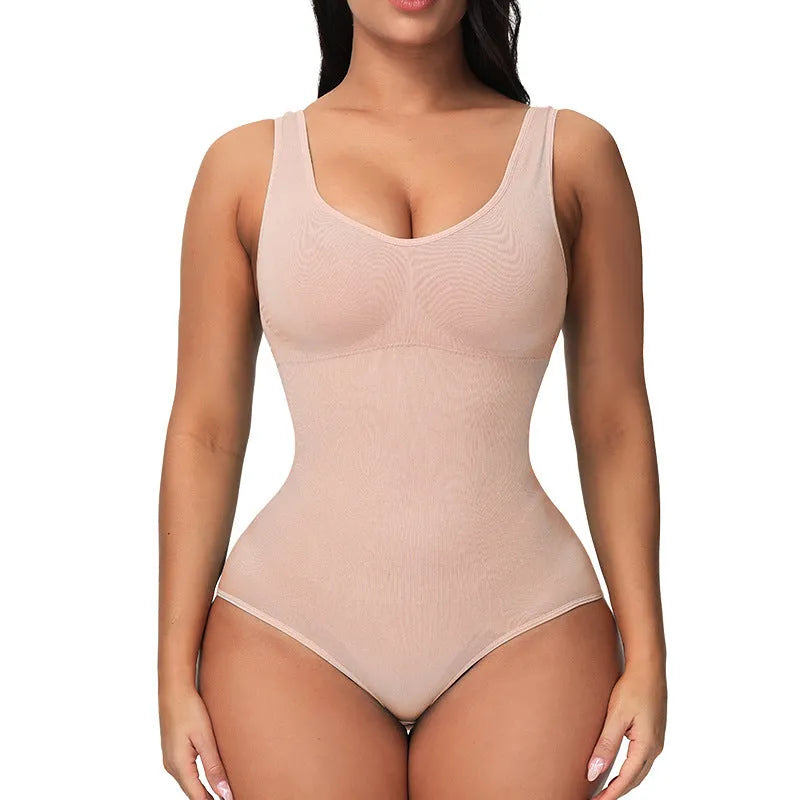 Seamless nylon bodysuit for women in apricot colour on a hanger