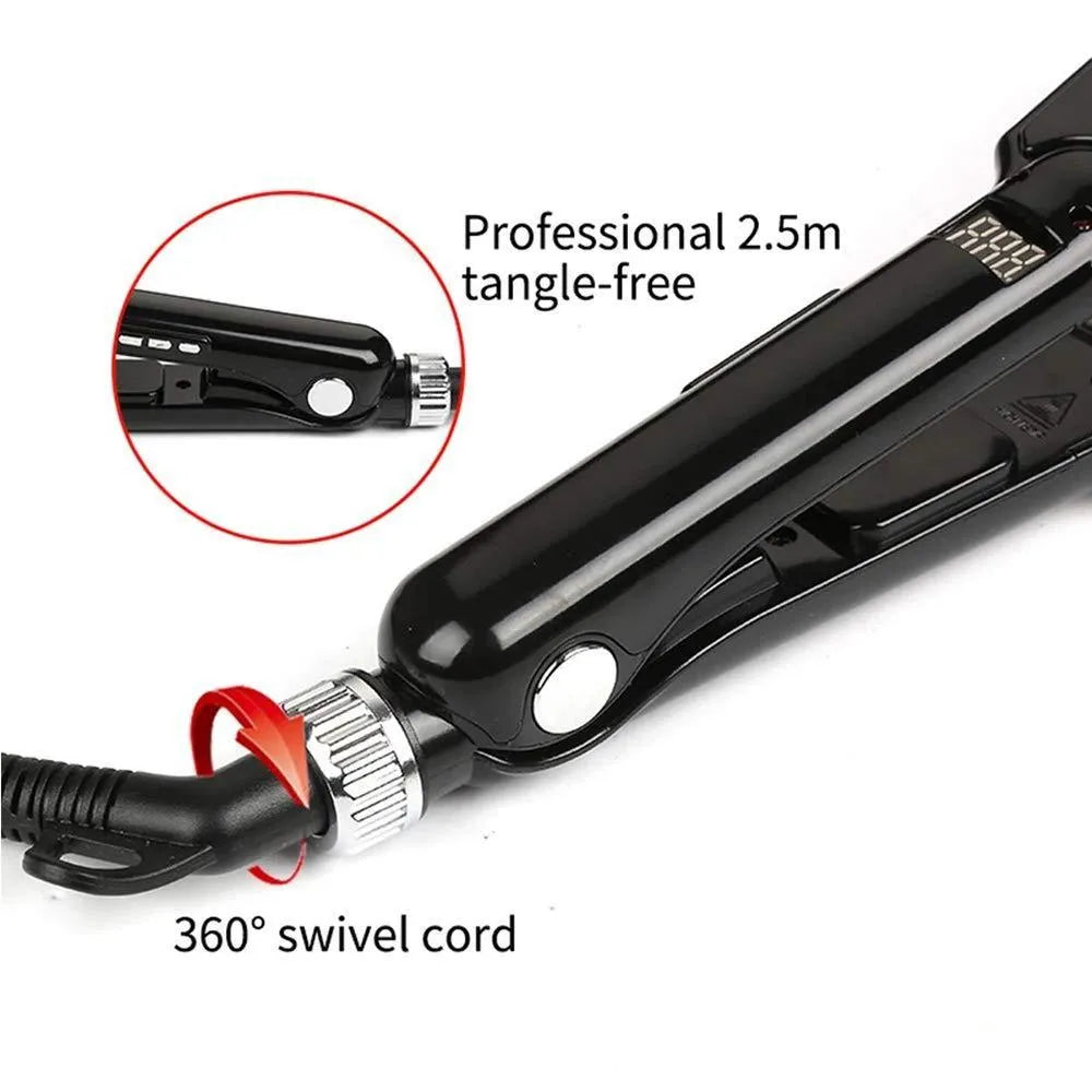 Black hair straightener with tourmaline ceramic plates and narrow 15mm heat conductor