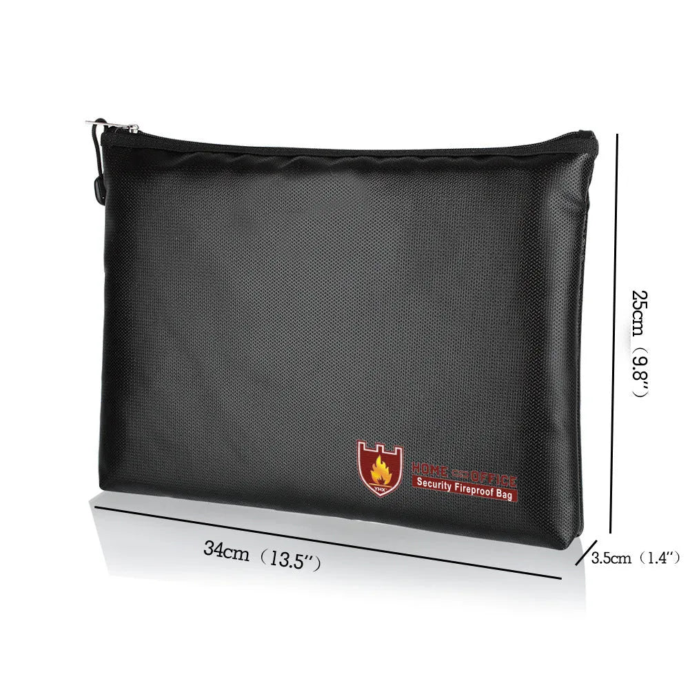 Black fire-proof document bag with a zip closure, shown in small, medium, and large sizes.