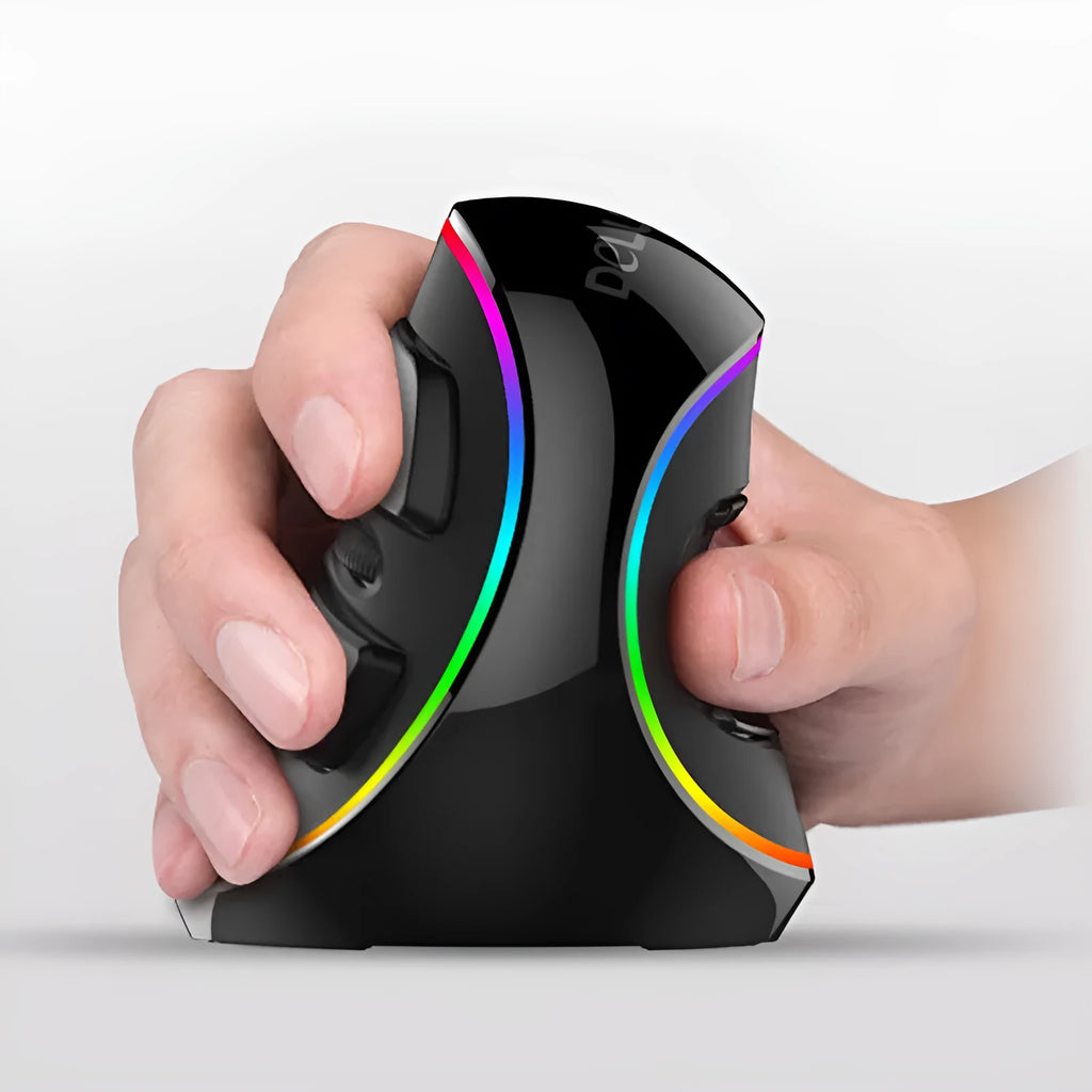 Right-handed vertical snail-shaped ergonomic computer mouse with RGB lighting on a desk.